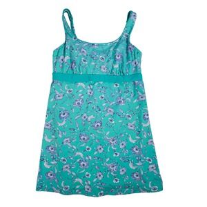 Lands' End Women's Floral Swim Dress Teal Blue Scoop Neck Size 12